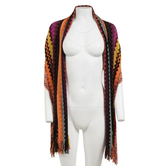 Missoni Womens Fringe Scarf Orange Purple Yellow Geometric Zigzag Wool Acrylic